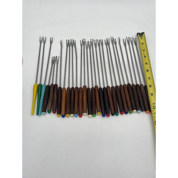 Vintage Fondue Forks Mixed Lot 28 Stainless Steel Wood Retro Party Utensils - Picture 1 of 3